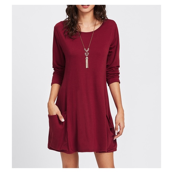 MBM Unlimited Dresses & Skirts - Burgundy Red Long Sleeve Side Pockets Shift Dress